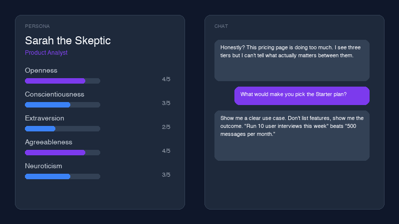 Synthicant product demo showing persona configuration and chat